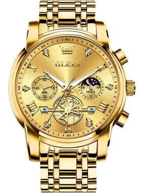 Men's Gold Stainless Steel Chronograph Waterproof Quartz Elegant Dress Watch